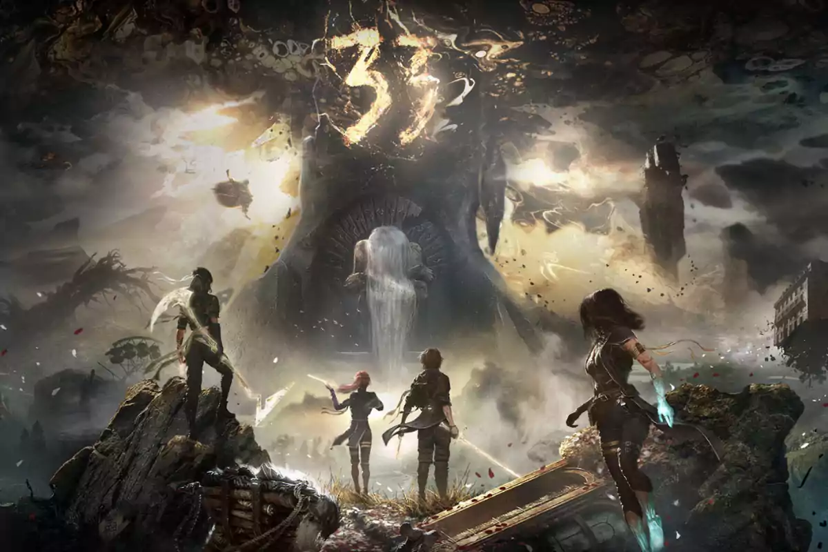Four people with weapons and powers face a massive statue and a glowing portal in an apocalyptic and fantastical landscape.