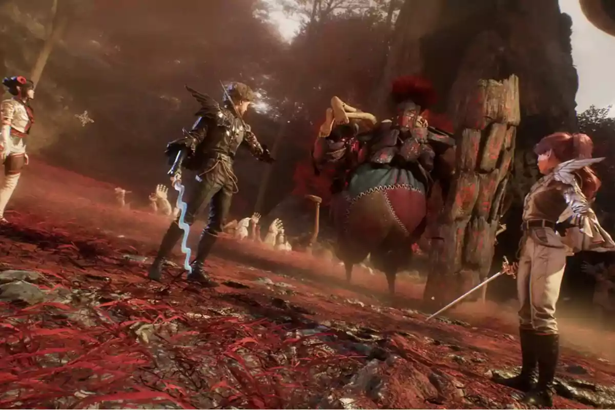 Three characters in fantasy clothing and armed with weapons face off against a large, extravagant creature in a reddish-toned forest. Three characters in fantasy clothing and armed with weapons face off against a large, extravagant creature in a reddish-toned forest.