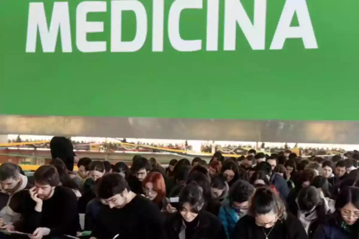 Un gran grupo de estudiantes concentrados escribiendo bajo un letrero verde que dice MEDICINA Un gran grupo de estudiantes concentrados escribiendo bajo un letrero verde que dice MEDICINA