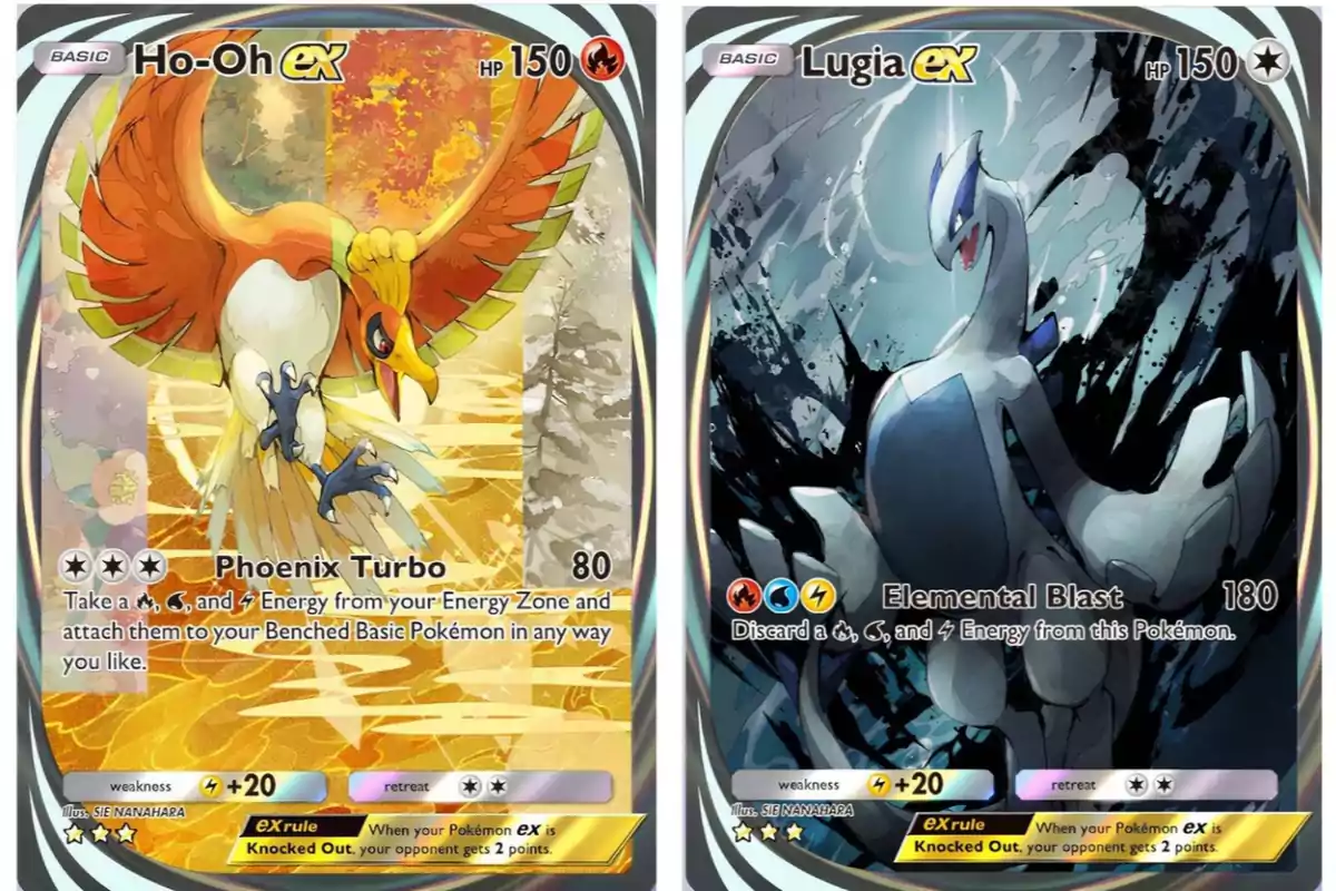Two Pokémon ex cards, one of Ho-Oh with a colorful background and another of Lugia with a dark background, both featuring detailed illustrations and visible attack effects. Two Pokémon ex cards, one of Ho-Oh with a colorful background and another of Lugia with a dark background, both featuring detailed illustrations and visible attack effects.