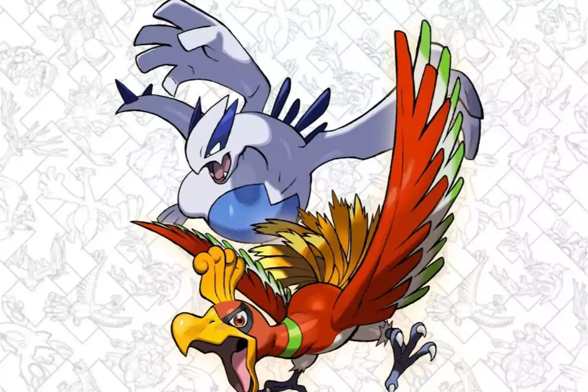 Two legendary Pokémon, Lugia and Ho-Oh, appear in an illustration with a background of silhouettes of other Pokémon.