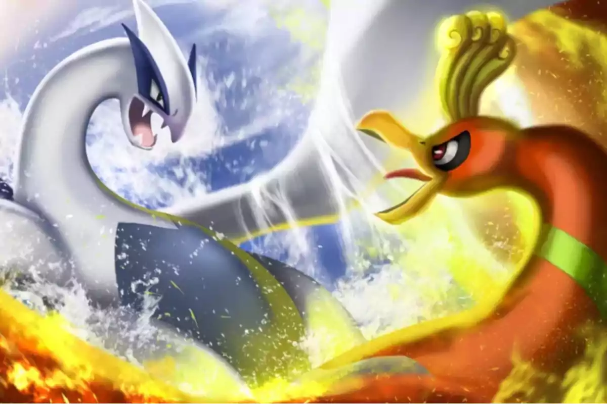 Two legendary Pokémon, Lugia and Ho-Oh, face off in an epic battle surrounded by water and fire. Two legendary Pokémon, Lugia and Ho-Oh, face off in an epic battle surrounded by water and fire.