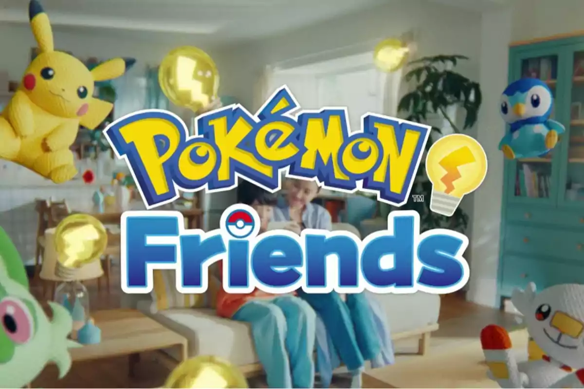 Child sitting on a sofa next to a woman, surrounded by Pokémon plush toys and golden balloons with the Pokémon Friends logo in the center