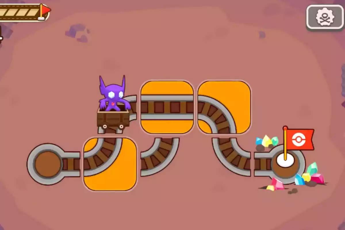 A purple character rides a cart on incomplete rails in a mine with a red flag and gems at the end of the track. A purple character rides a cart on incomplete rails in a mine with a red flag and gems at the end of the track.