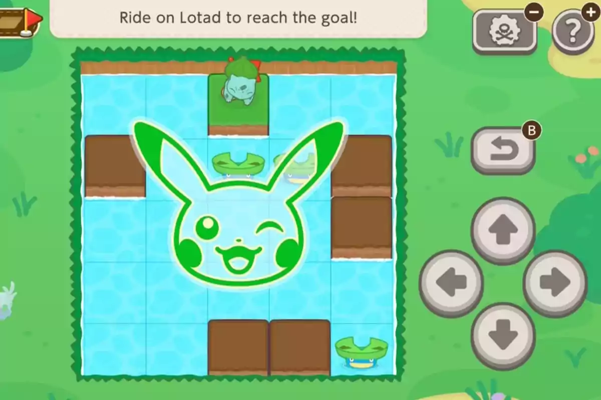 Puzzle game with a Bulbasaur on a platform, several Lotad in the water, and a large drawing of Pikachu in the center, with arrow controls on the right. Puzzle game with a Bulbasaur on a platform, several Lotad in the water, and a large drawing of Pikachu in the center, with arrow controls on the right.