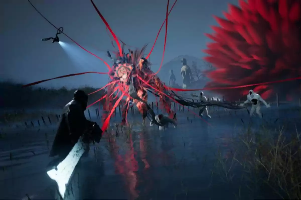 Un guerrero con una gran espada se enfrenta a una criatura monstruosa rodeada de tentáculos rojos en un paisaje oscuro y pantanoso mientras figuras humanas vestidas de blanco se acercan y una enorme flor roja destaca al fondo