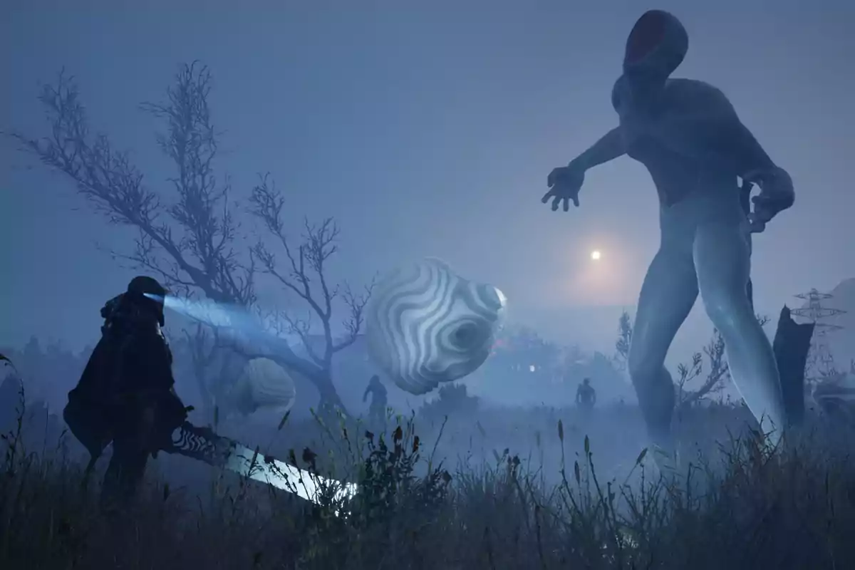 Un guerrero con una espada luminosa se enfrenta a una criatura gigante y sin rostro en un paisaje oscuro y neblinoso con esferas flotantes y árboles secos