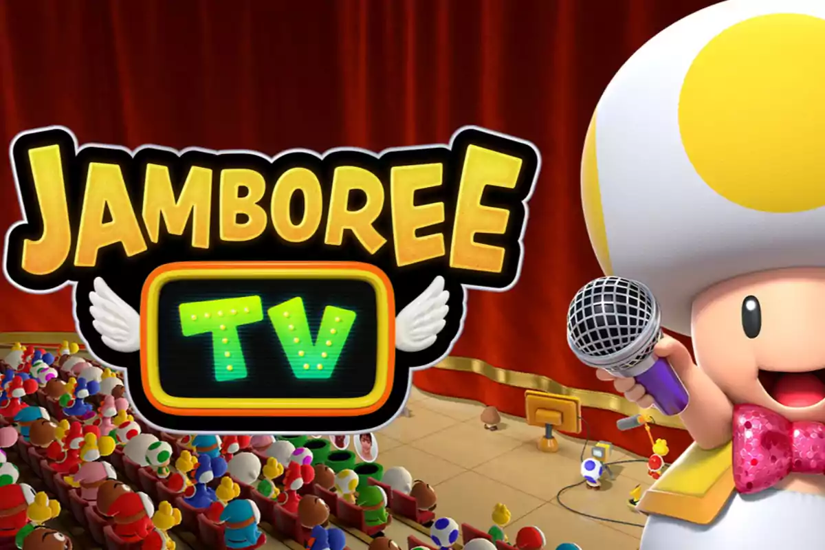 Un personaje de Mario con un micrófono y moño rosa aparece junto al logo de Jamboree TV frente a una audiencia de personajes coloridos en un teatro