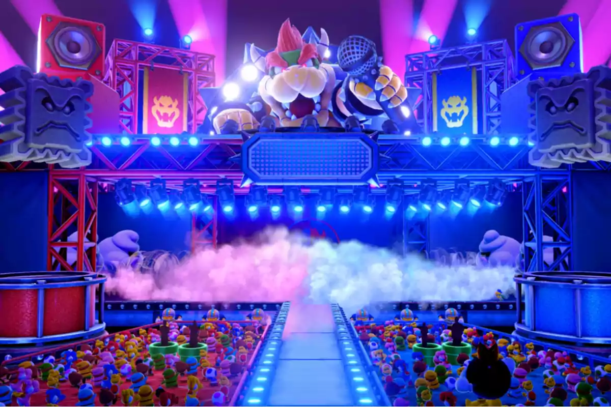 Bowser aparece como DJ en un escenario iluminado con luces de colores y una multitud de personajes de Mario observando el espectáculo Bowser aparece como DJ en un escenario iluminado con luces de colores y una multitud de personajes de Mario observando el espectáculo