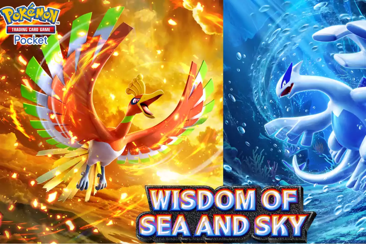 Ho-Oh flies among flames while Lugia swims underwater surrounded by bubbles, with the text Wisdom of Sea and Sky at the bottom. Ho-Oh flies among flames while Lugia swims underwater surrounded by bubbles, with the text Wisdom of Sea and Sky at the bottom.