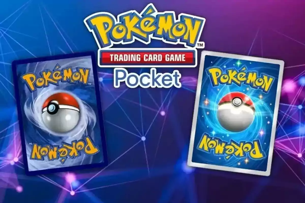 Pokémon Trading Card Game Pocket logo with two Pokémon cards on a blue and purple background with bright lines and dots. Pokémon Trading Card Game Pocket logo with two Pokémon cards on a blue and purple background with bright lines and dots.