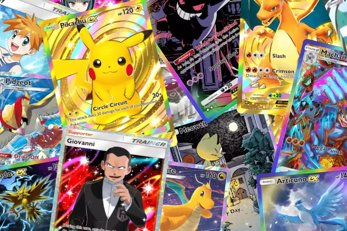 Several collectible Pokémon cards with colorful illustrations of popular characters and trainers