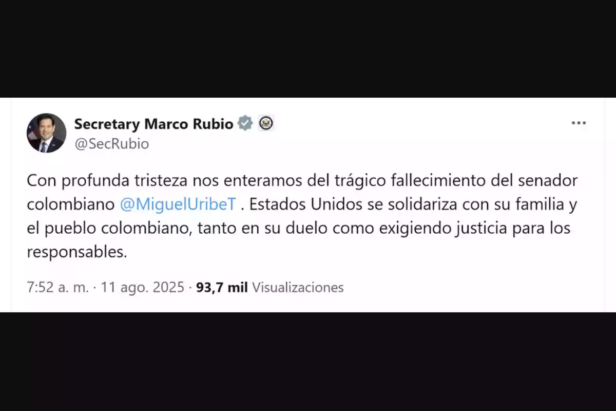 Publicación en redes sociales de Secretary Marco Rubio expresando condolencias por el fallecimiento del senador colombiano Miguel Uribe y mostrando solidaridad con su familia y el pueblo colombiano