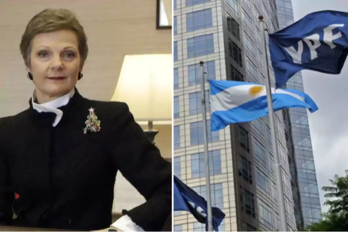 Mujer de cabello corto y saco negro sentada en una oficina junto a una imagen de banderas de YPF y Argentina frente a un edificio moderno
