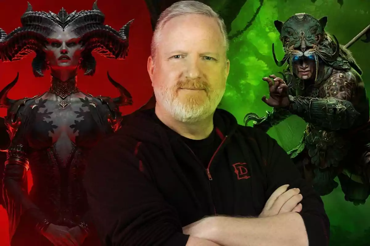 Gray-haired, bearded man with his arms crossed in front, accompanied by two fantasy characters—one with horns and the other wearing armor and an animal helmet—against red and green backgrounds.