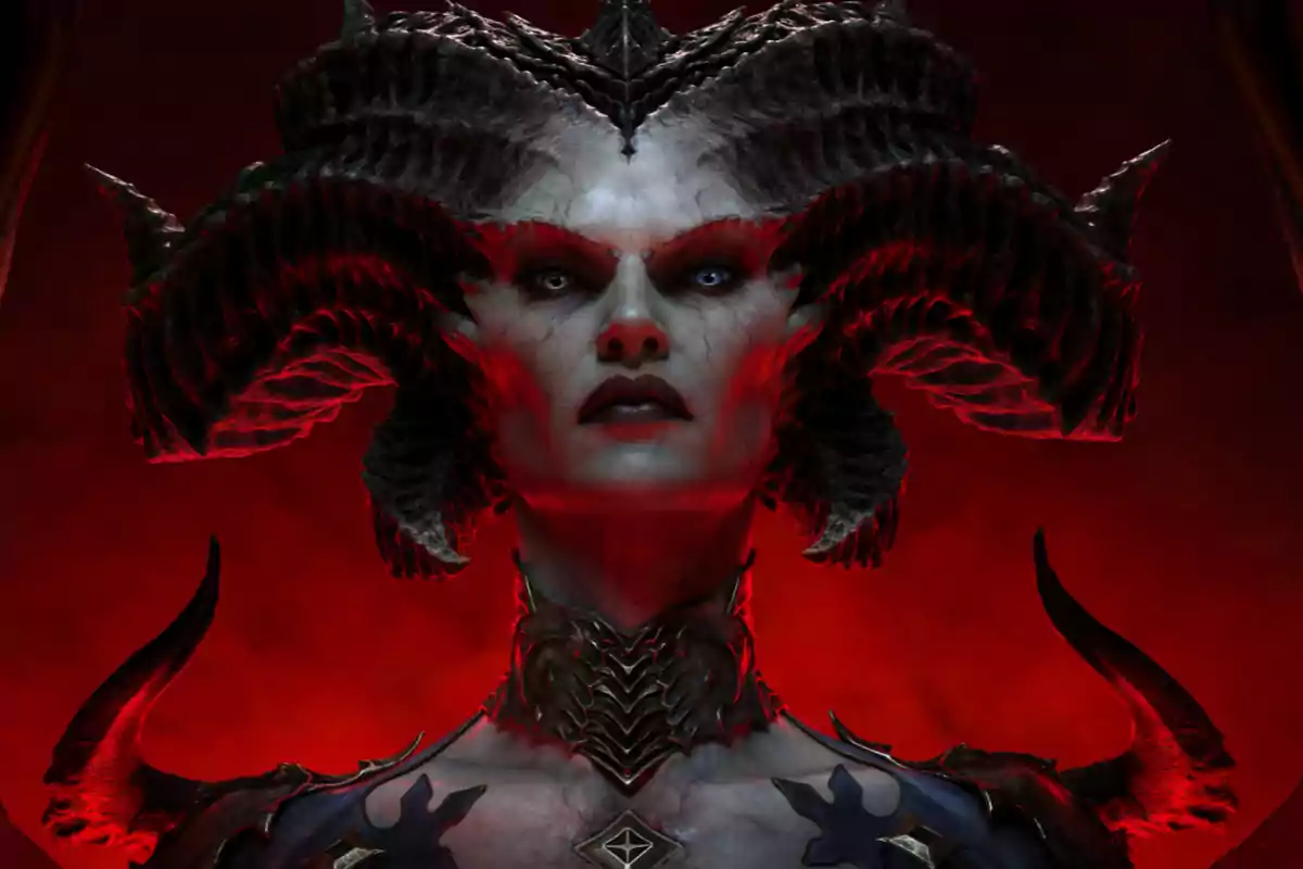 Mujer demoníaca de piel pálida con grandes cuernos oscuros y fondo rojo intenso