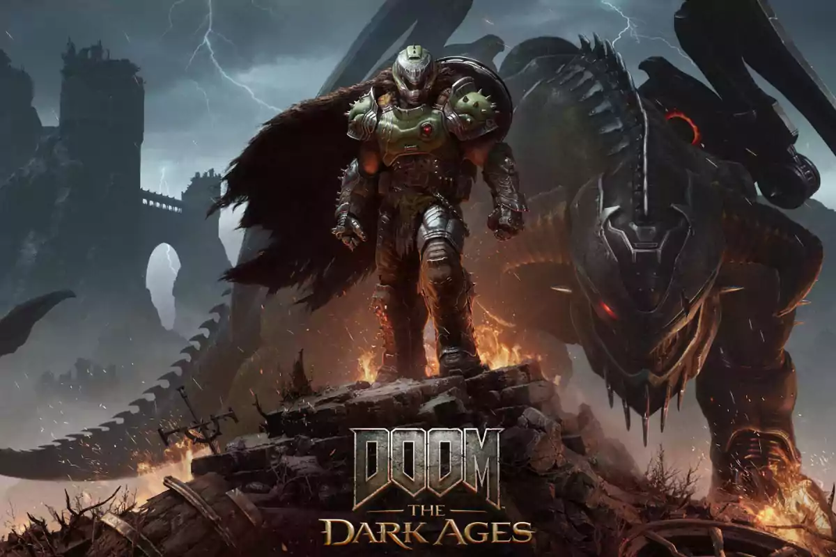 Guerrero con armadura futurista de pie sobre rocas en un paisaje oscuro y medieval, acompañado de una criatura mecánica gigante, con el logo de Doom The Dark Ages en la parte inferior.