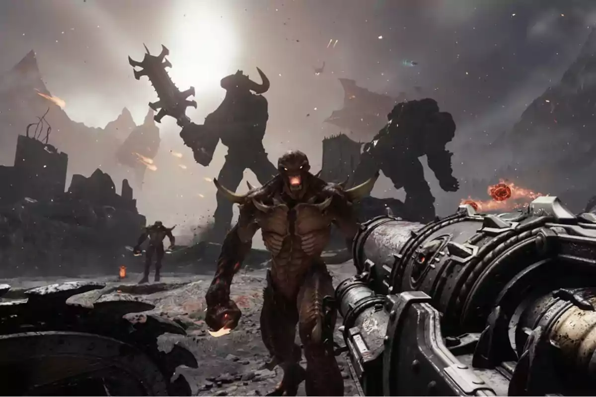 Escena de un videojuego de acción en primera persona donde un personaje armado enfrenta a varios monstruos en un paisaje apocalíptico con criaturas gigantes al fondo