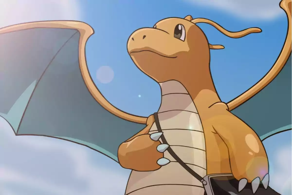 Dragonite from Pokémon with a blue sky background and a friendly expression