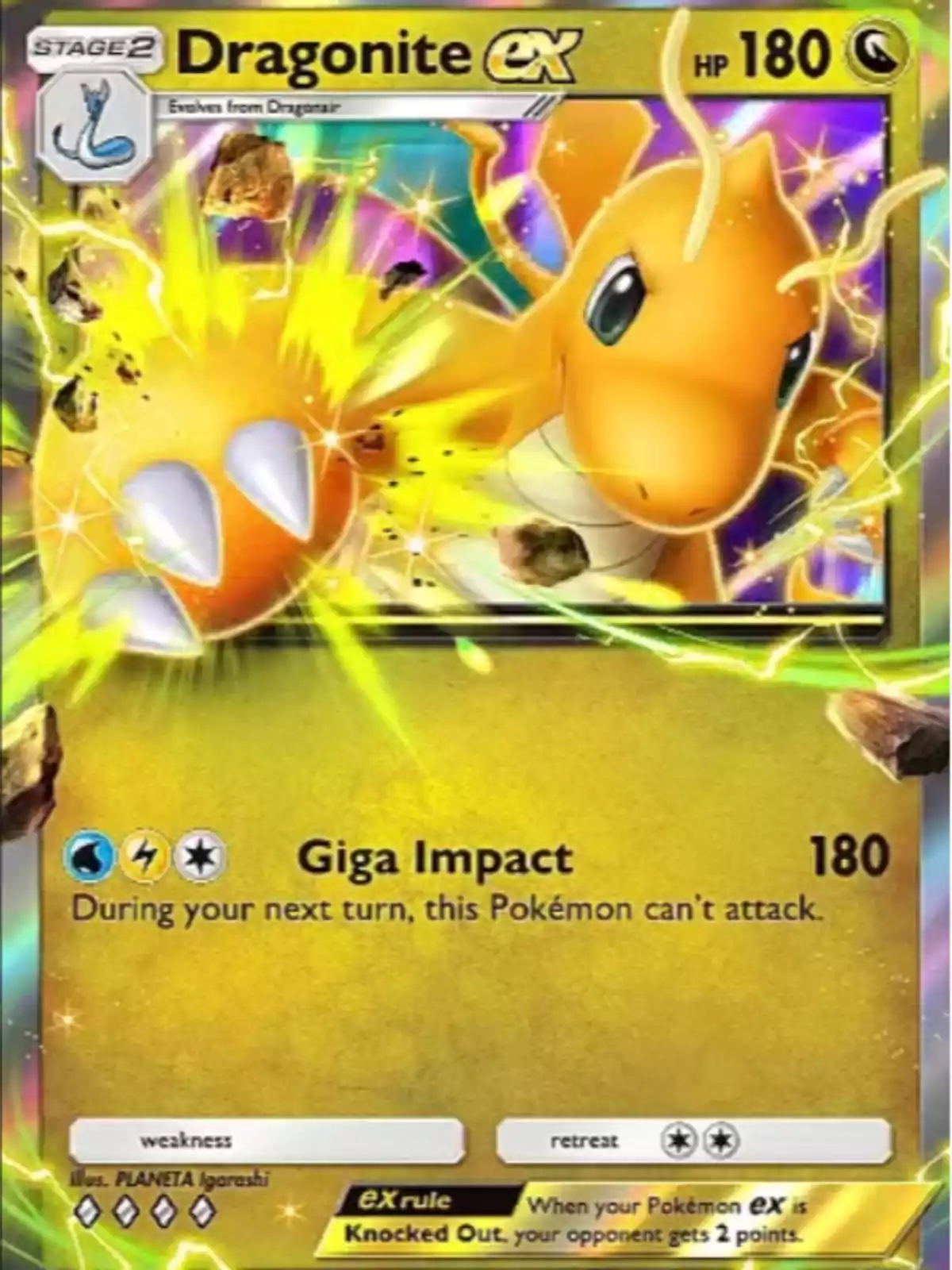 Carta de Pokémon Dragonite EX con 180 puntos de vida, fondo dorado y detalles eléctricos, mostrando a Dragonite lanzando un ataque poderoso llamado Giga Impact
