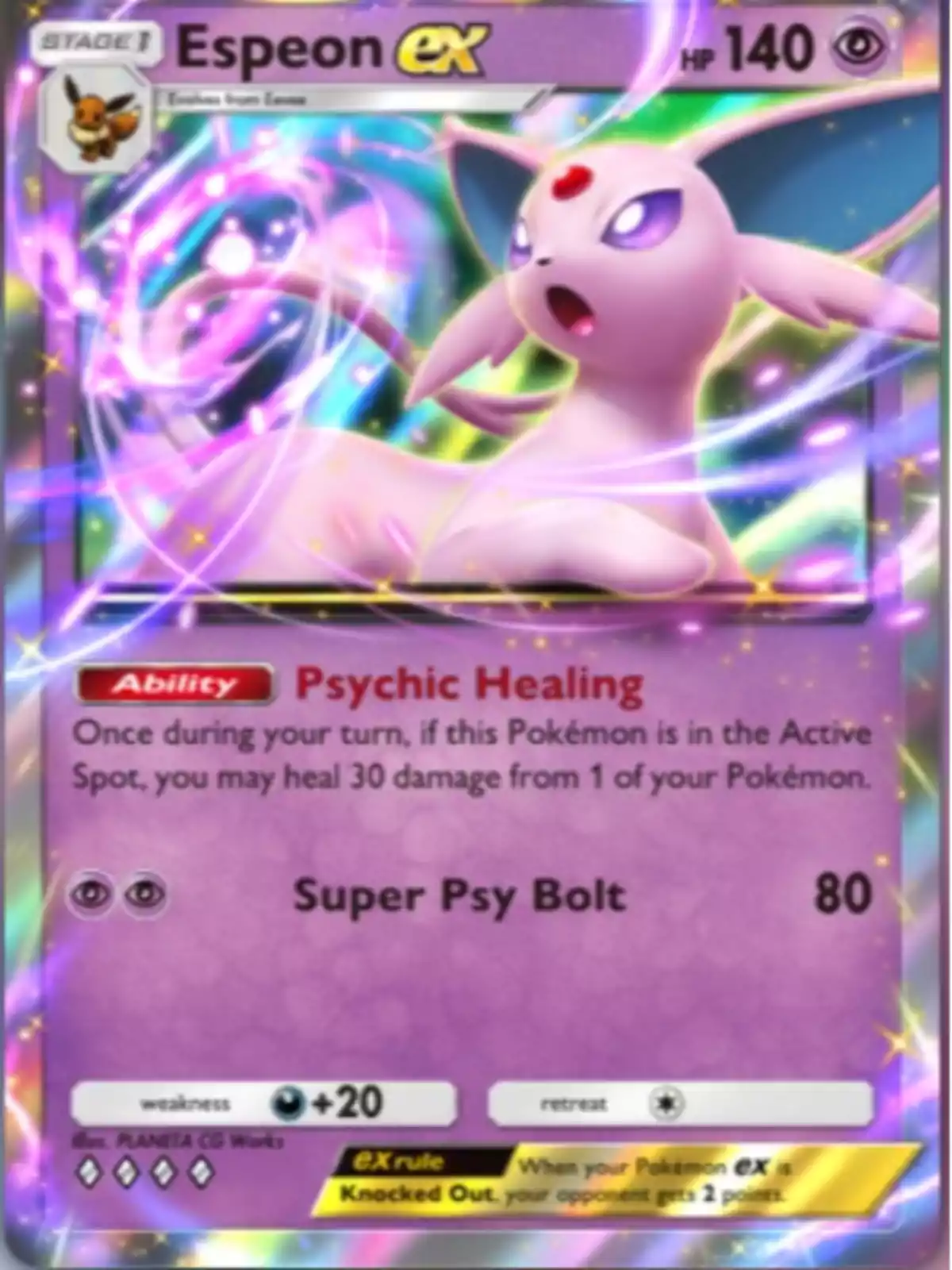 Carta de Pokémon Espeon ex con fondo brillante y colores morados, mostrando a Espeon en una pose dinámica rodeado de energía psíquica