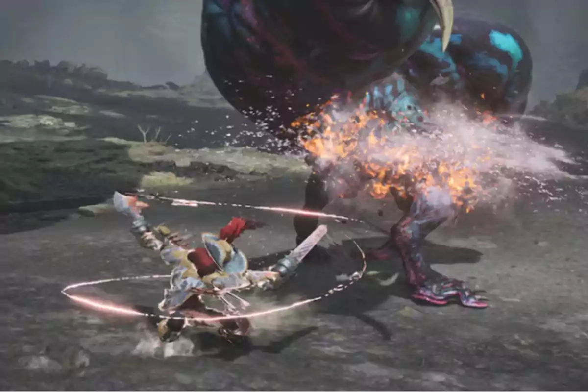 Guerrero con armadura atacando a una criatura gigante con una espada envuelta en energía mientras salen chispas y fuego del impacto
