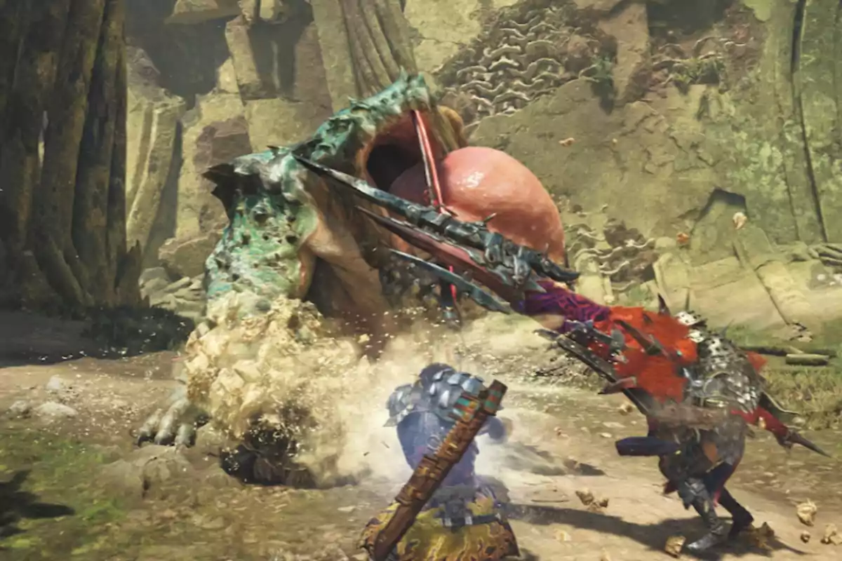 Two hunters battle a giant amphibious monster in a jungle environment within an action-fantasy video game.