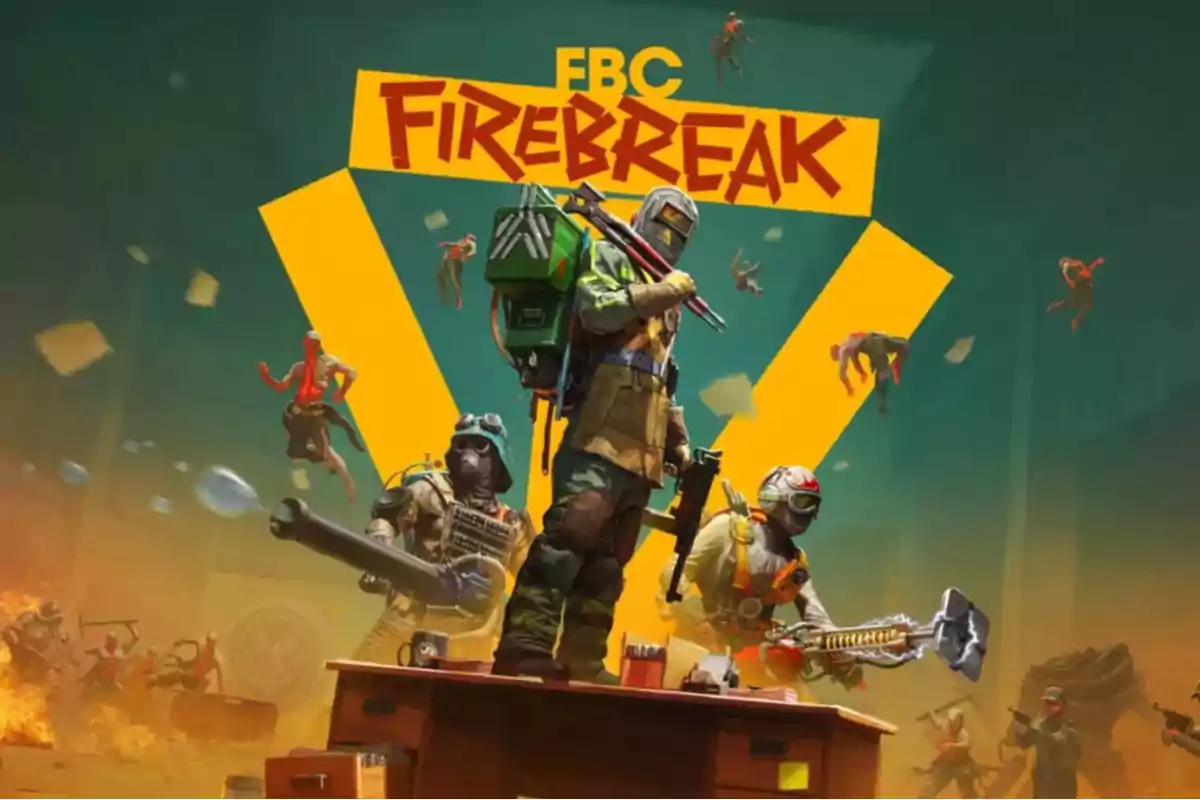 Three characters armed with combat gear and special tools pose on a desk while, in the background, human figures and creatures can be seen amid a chaotic scene with fire and flying papers under the title FBC Firebreak.