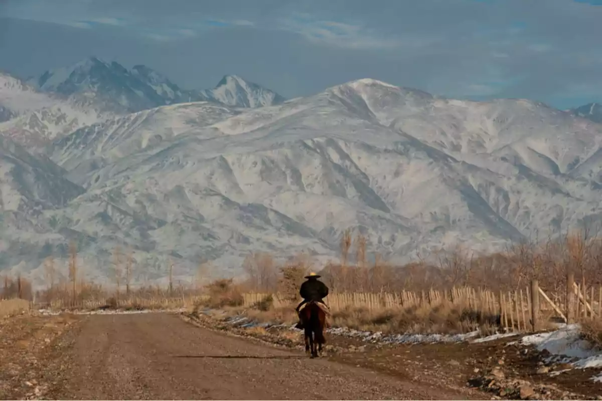 A rider rides along a dirt road surrounded by dry vegetation with snow-capped mountains in the background under a blue sky.