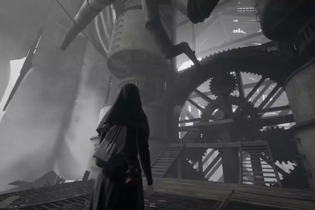 Persona vestida con túnica oscura de espaldas observando una estructura industrial con engranajes gigantes y ambiente de niebla Persona vestida con túnica oscura de espaldas observando una estructura industrial con engranajes gigantes y ambiente de niebla