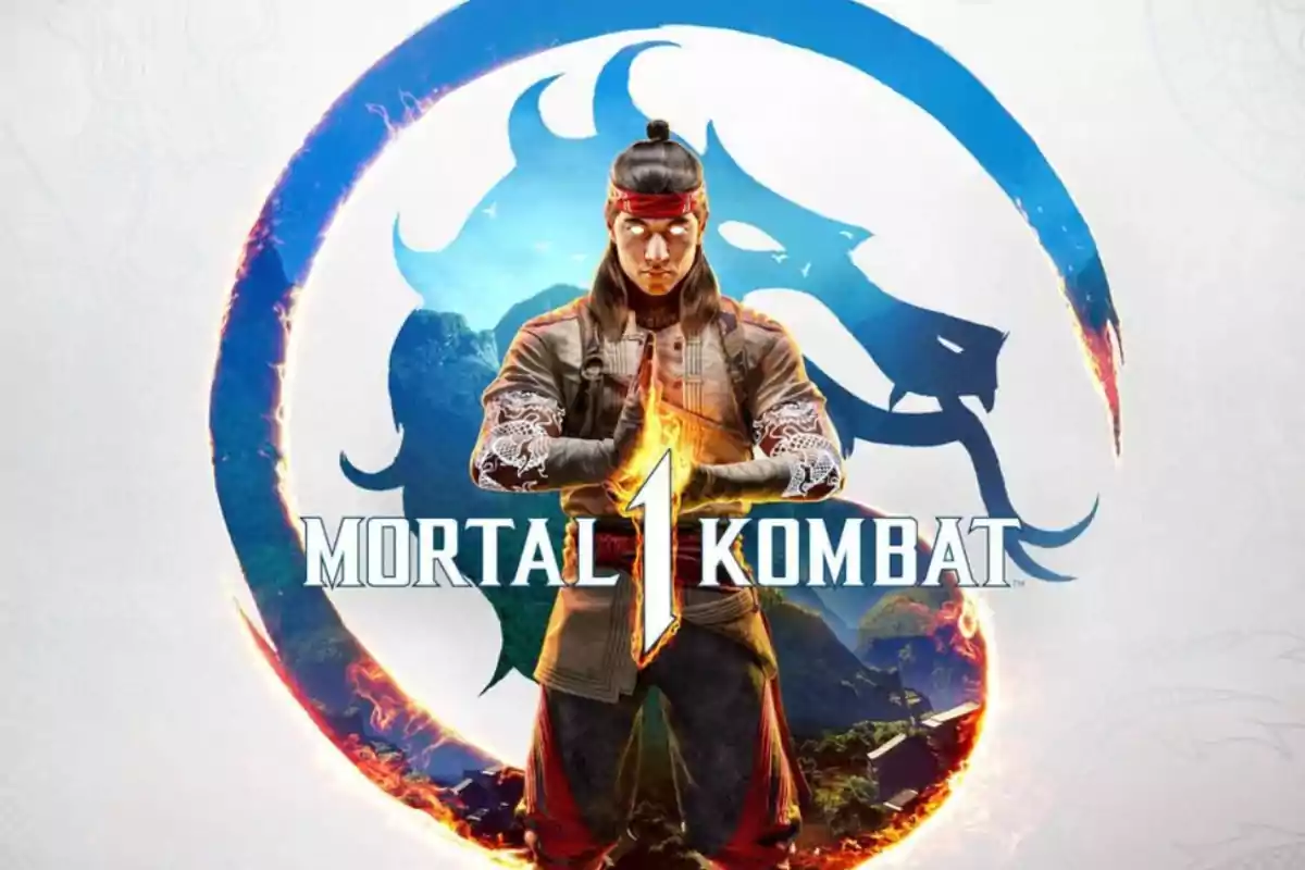 Portada del videojuego Mortal Kombat 1 con un personaje en pose de combate frente al logo del dragón azul