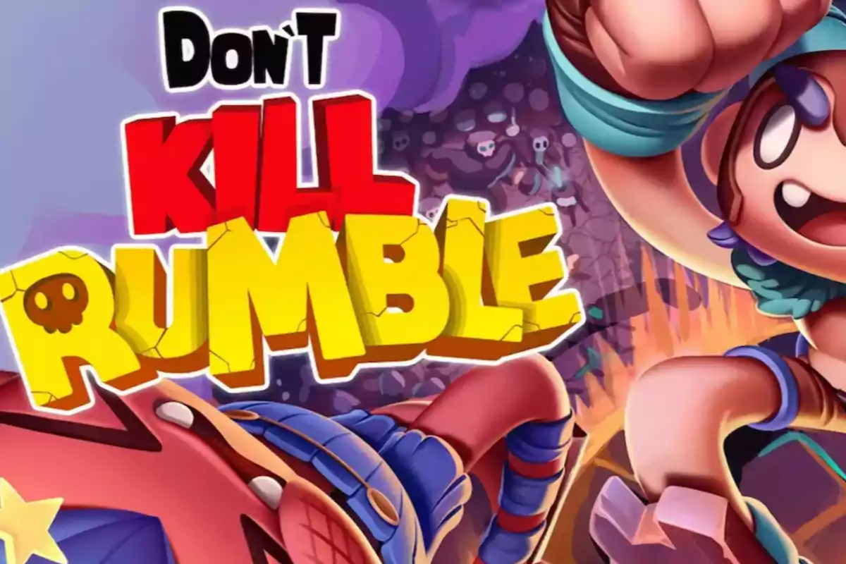 Ilustración colorida de dos personajes animados en una escena de acción con el texto Don’t Kill Rumble en letras grandes y llamativas Ilustración colorida de dos personajes animados en una escena de acción con el texto Don’t Kill Rumble en letras grandes y llamativas