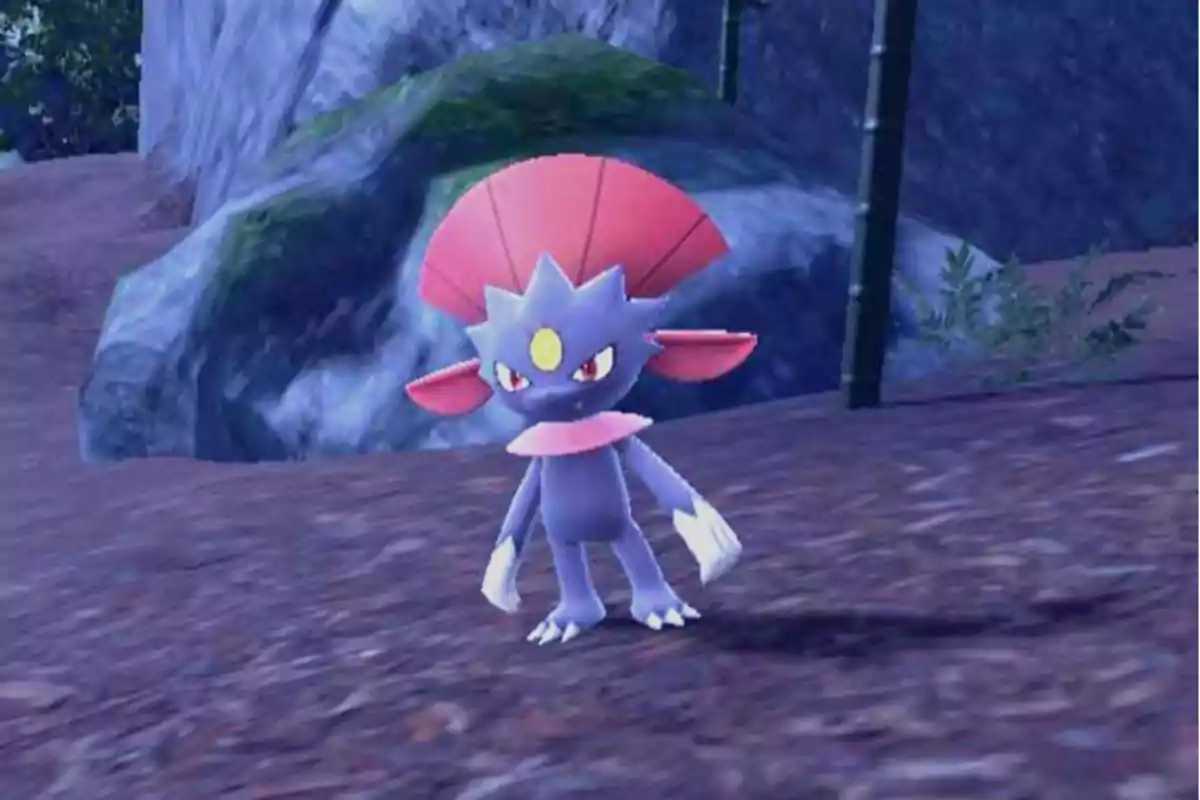 Un Pokémon de color morado con garras blancas y una cresta roja está de pie en un entorno rocoso Un Pokémon de color morado con garras blancas y una cresta roja está de pie en un entorno rocoso