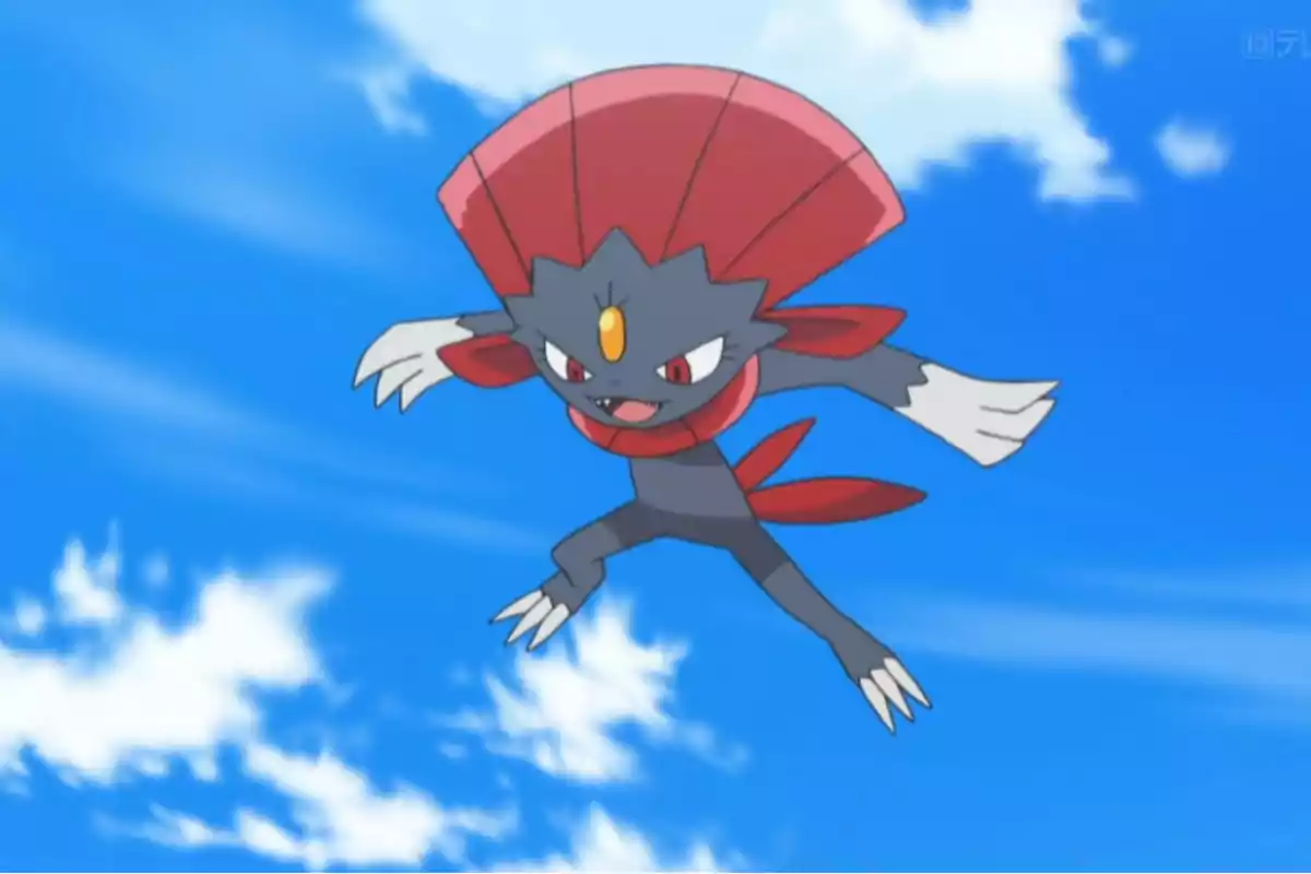 Un Pokémon de color oscuro con detalles rojos y garras blancas salta en el aire sobre un cielo azul con nubes.