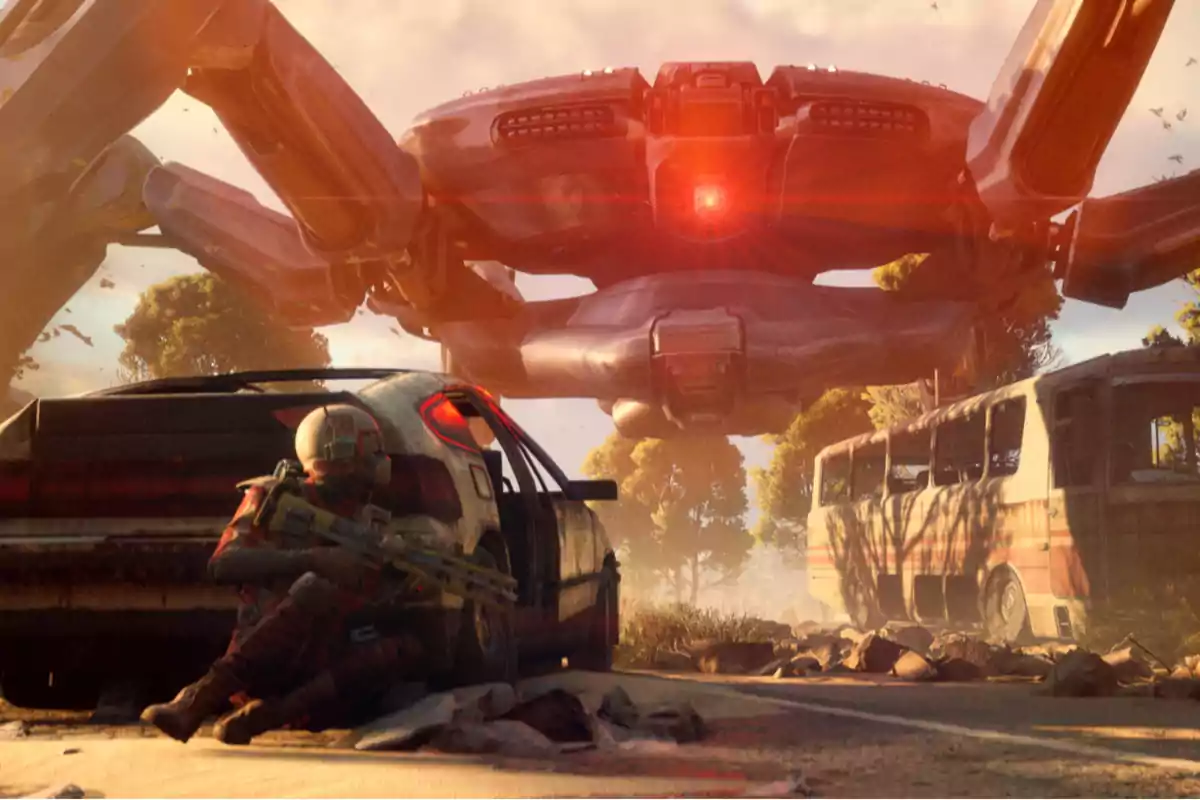Un soldado con armadura futurista se esconde detrás de un auto destruido mientras un enorme robot con patas metálicas y una luz roja brillante avanza por una carretera rodeada de árboles y vehículos abandonados Un soldado con armadura futurista se esconde detrás de un auto destruido mientras un enorme robot con patas metálicas y una luz roja brillante avanza por una carretera rodeada de árboles y vehículos abandonados