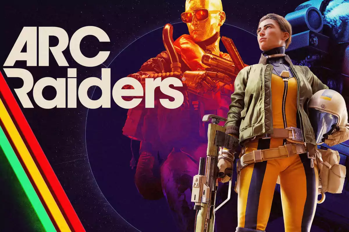 Portada del videojuego ARC Raiders con personajes armados y un fondo colorido de estilo retro