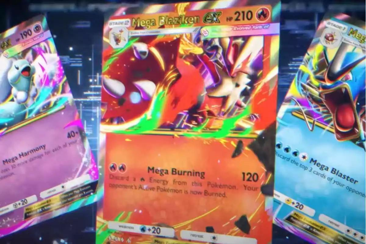 Tres cartas de Pokémon exponen ilustraciones coloridas y efectos brillantes, destacando a Mega Blaziken EX en el centro con un fondo rojo y verde, acompañada por otras dos cartas a los lados en tonos morado y azul Tres cartas de Pokémon exponen ilustraciones coloridas y efectos brillantes, destacando a Mega Blaziken EX en el centro con un fondo rojo y verde, acompañada por otras dos cartas a los lados en tonos morado y azul