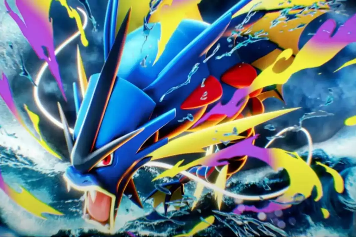 Gyarados en su forma mega evolucionada emerge del agua rodeado de colores vibrantes y salpicaduras en un ambiente dinámico y energético