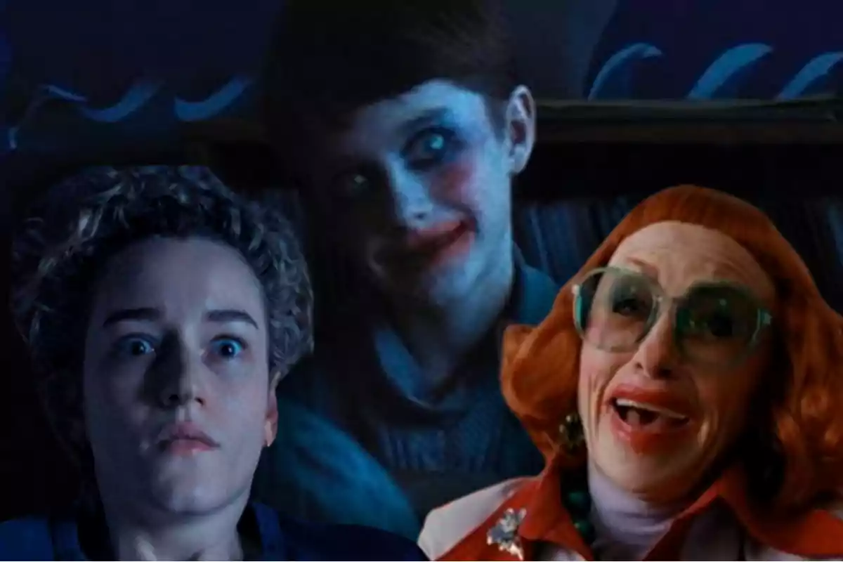 Tres personas con expresiones faciales intensas, una parece asustada, otra sonríe de manera inquietante y la tercera se ríe con gafas grandes y peluca roja Tres personas con expresiones faciales intensas, una parece asustada, otra sonríe de manera inquietante y la tercera se ríe con gafas grandes y peluca roja