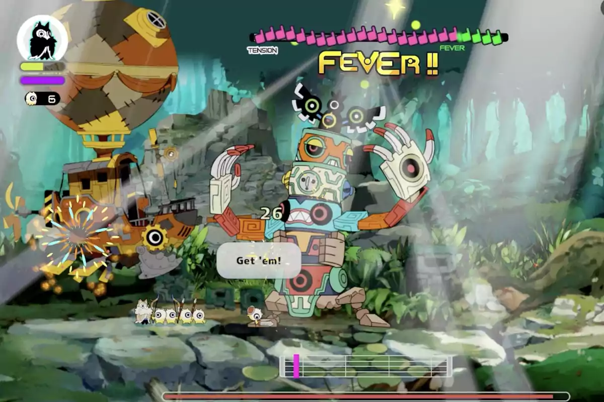 Escena de videojuego con un jefe robótico de colores brillantes en el centro, un dirigible a la izquierda y personajes pequeños en la parte inferior, todo ambientado en un bosque iluminado por rayos de luz Escena de videojuego con un jefe robótico de colores brillantes en el centro, un dirigible a la izquierda y personajes pequeños en la parte inferior, todo ambientado en un bosque iluminado por rayos de luz