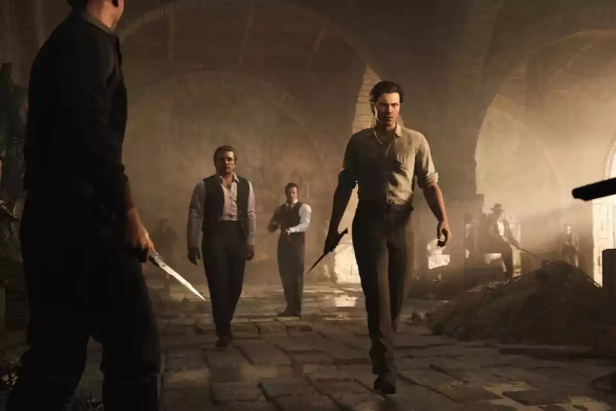 A group of men armed with knives face off inside an old warehouse lit by natural light coming through a window. A group of men armed with knives face off inside an old warehouse lit by natural light coming through a window.