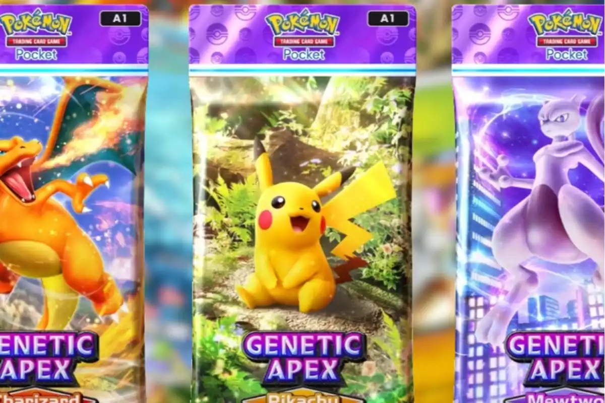 Tres sobres de cartas Pokémon Pocket con ilustraciones de Charizard, Pikachu y Mewtwo y el texto Genetic Apex en la parte inferior de cada sobre Tres sobres de cartas Pokémon Pocket con ilustraciones de Charizard, Pikachu y Mewtwo y el texto Genetic Apex en la parte inferior de cada sobre