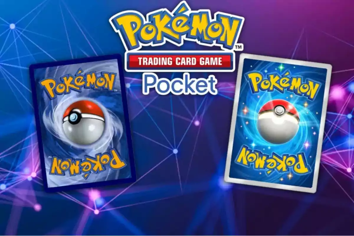 Logo de Pokémon Trading Card Game Pocket con dos cartas de Pokémon sobre un fondo azul y morado con líneas y puntos brillantes Logo de Pokémon Trading Card Game Pocket con dos cartas de Pokémon sobre un fondo azul y morado con líneas y puntos brillantes