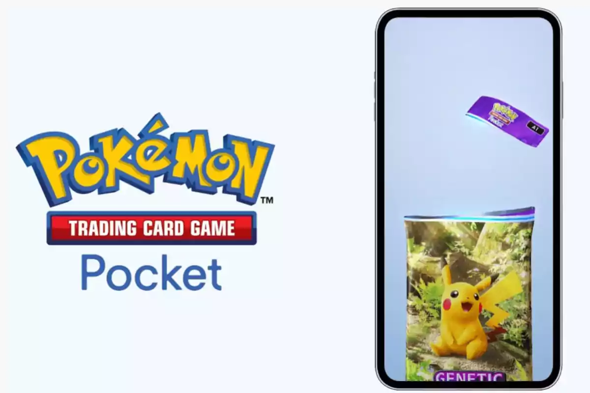 Logo de Pokémon Trading Card Game Pocket junto a un teléfono móvil que muestra un sobre digital con la imagen de Pikachu