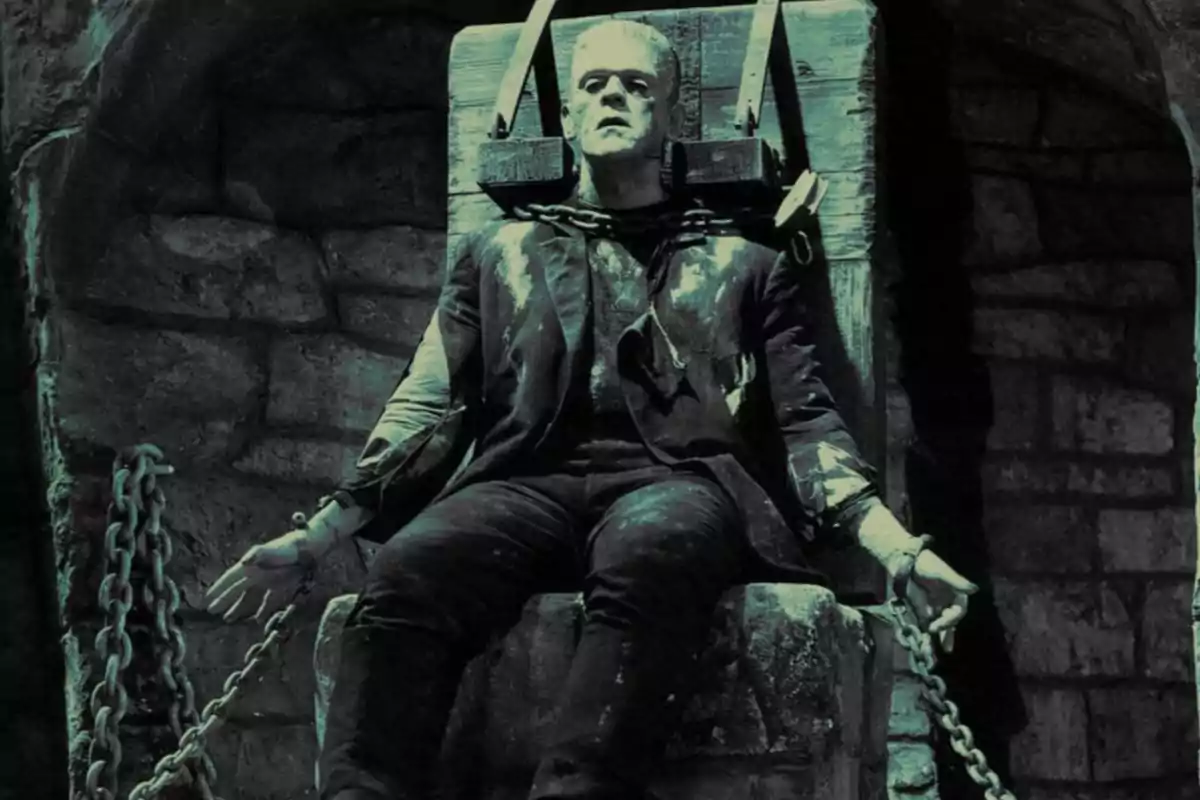 A monstrous-looking man is chained and sitting on a wooden chair inside a stone cell. A monstrous-looking man is chained and sitting on a wooden chair inside a stone cell.