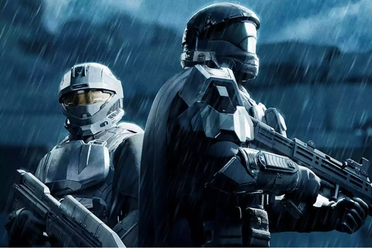 Dos soldados futuristas con armaduras y cascos sostienen armas bajo la lluvia en un ambiente oscuro y tecnológico Dos soldados futuristas con armaduras y cascos sostienen armas bajo la lluvia en un ambiente oscuro y tecnológico