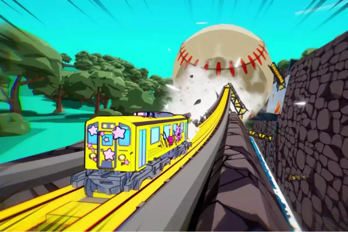 Yellow train decorated with stars moving along an elevated track while a giant baseball destroys the structure behind it in a lively and colorful setting Yellow train decorated with stars moving along an elevated track while a giant baseball destroys the structure behind it in a lively and colorful setting