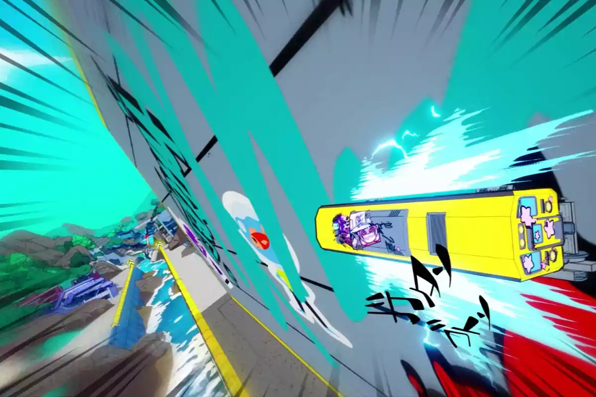 A yellow train with graffiti speeds along an elevated track in a colorful, stylized environment with visual effects of energy and motion. A yellow train with graffiti speeds along an elevated track in a colorful, stylized environment with visual effects of energy and motion.