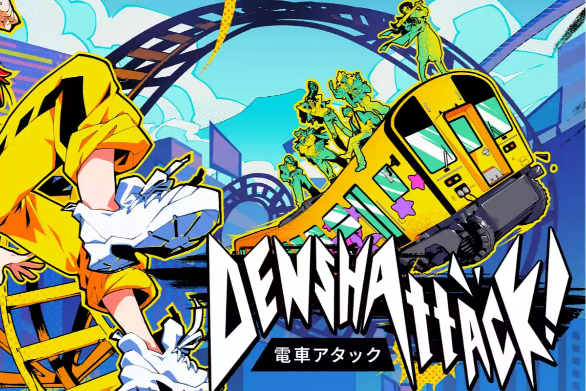 Ilustración colorida de estilo cómic con un tren amarillo en movimiento, personas bailando sobre el techo y un personaje con ropa amarilla y zapatillas blancas en primer plano, acompañado del texto Densha Attack