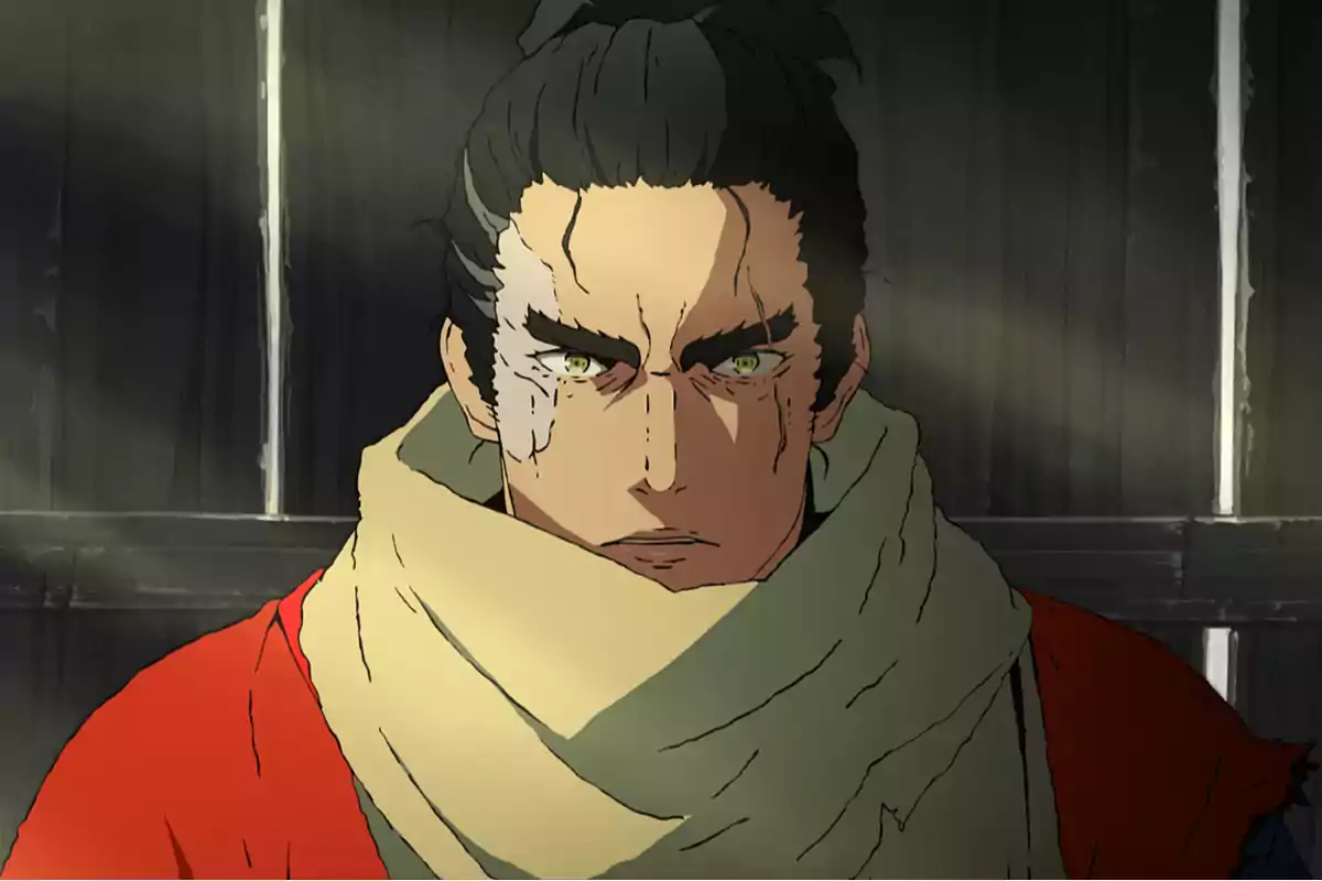 Anime man with scars on his face, dark hair tied back, and a beige scarf, looking forward with a serious expression Anime man with scars on his face, dark hair tied back, and a beige scarf, looking forward with a serious expression